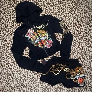 Ed Hardy Black Hoodie and shorts tracksuit set with Tiger and Floral Design
